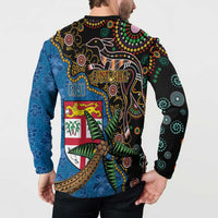 Fijian and Australian Culture Together Button Sweatshirt Aboriginal Art and Tapa Motifs with Kangaroo and Palm Tree - Polynesian Pride