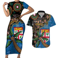 Fijian and Australian Culture Together Couples Matching Short Sleeve Bodycon Dress and Hawaiian Shirt Aboriginal Art and Tapa Motifs with Kangaroo and Palm Tree - Polynesian Pride