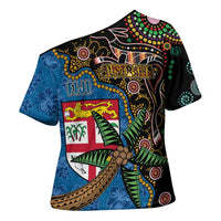 Fijian and Australian Culture Together Cross Shoulder Shirt Aboriginal Art and Tapa Motifs with Kangaroo and Palm Tree - Polynesian Pride