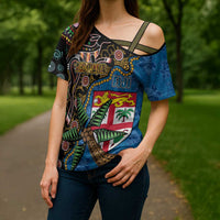 Fijian and Australian Culture Together Cross Shoulder Shirt Aboriginal Art and Tapa Motifs with Kangaroo and Palm Tree - Polynesian Pride