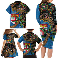 Fijian and Australian Culture Together Family Matching Long Sleeve Bodycon Dress and Hawaiian Shirt Aboriginal Art and Tapa Motifs with Kangaroo and Palm Tree - Polynesian Pride