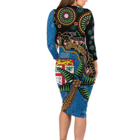Fijian and Australian Culture Together Family Matching Long Sleeve Bodycon Dress and Hawaiian Shirt Aboriginal Art and Tapa Motifs with Kangaroo and Palm Tree - Polynesian Pride