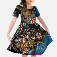 Fijian and Australian Culture Together Family Matching Mermaid Dress and Hawaiian Shirt Aboriginal Art and Tapa Motifs with Kangaroo and Palm Tree - Polynesian Pride