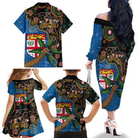 Fijian and Australian Culture Together Family Matching Off The Shoulder Long Sleeve Dress and Hawaiian Shirt Aboriginal Art and Tapa Motifs with Kangaroo and Palm Tree - Polynesian Pride