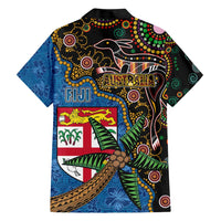 Fijian and Australian Culture Together Family Matching Short Sleeve Bodycon Dress and Hawaiian Shirt Aboriginal Art and Tapa Motifs with Kangaroo and Palm Tree - Polynesian Pride