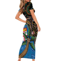 Fijian and Australian Culture Together Family Matching Short Sleeve Bodycon Dress and Hawaiian Shirt Aboriginal Art and Tapa Motifs with Kangaroo and Palm Tree - Polynesian Pride
