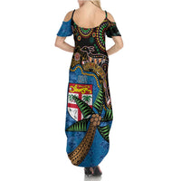 Fijian and Australian Culture Together Family Matching Summer Maxi Dress and Hawaiian Shirt Aboriginal Art and Tapa Motifs with Kangaroo and Palm Tree - Polynesian Pride