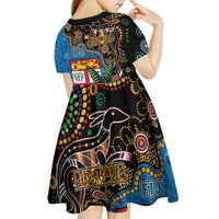 Fijian and Australian Culture Together Kid Short Sleeve Dress Aboriginal Art and Tapa Motifs with Kangaroo and Palm Tree - Polynesian Pride