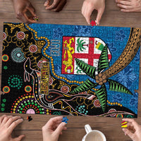 Fijian and Australian Culture Together Puzzle Aboriginal Art and Tapa Motifs with Kangaroo and Palm Tree - Polynesian Pride