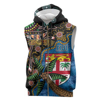 Fijian and Australian Culture Together Sleeveless Zip Hoodie Aboriginal Art and Tapa Motifs with Kangaroo and Palm Tree - Polynesian Pride
