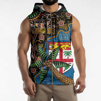 Fijian and Australian Culture Together Sleeveless Zip Hoodie Aboriginal Art and Tapa Motifs with Kangaroo and Palm Tree - Polynesian Pride