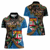 Fijian and Australian Culture Together Women Polo Shirt Aboriginal Art and Tapa Motifs with Kangaroo and Palm Tree - Polynesian Pride
