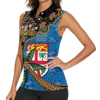 Fijian and Australian Culture Together Women Sleeveless Polo Shirt Aboriginal Art and Tapa Motifs with Kangaroo and Palm Tree - Polynesian Pride