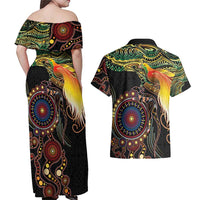 Papua New Guinea and Australia Together Couples Matching Off Shoulder Maxi Dress and Hawaiian Shirt Bird of Paradise and Kangaroo Melanesian Aboriginal Motifs - Polynesian Pride
