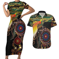 Papua New Guinea and Australia Together Couples Matching Short Sleeve Bodycon Dress and Hawaiian Shirt Bird of Paradise and Kangaroo Melanesian Aboriginal Motifs - Polynesian Pride