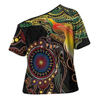 Papua New Guinea and Australia Together Cross Shoulder Shirt Bird of Paradise and Kangaroo Melanesian Aboriginal Motifs - Polynesian Pride