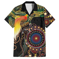 Papua New Guinea and Australia Together Family Matching Off The Shoulder Long Sleeve Dress and Hawaiian Shirt Bird of Paradise and Kangaroo Melanesian Aboriginal Motifs - Polynesian Pride