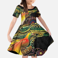 Papua New Guinea and Australia Together Kid Short Sleeve Dress Bird of Paradise and Kangaroo Melanesian Aboriginal Motifs - Polynesian Pride
