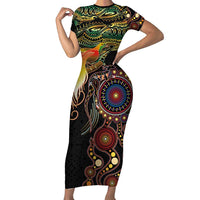 Papua New Guinea and Australia Together Short Sleeve Bodycon Dress Bird of Paradise and Kangaroo Melanesian Aboriginal Motifs - Polynesian Pride