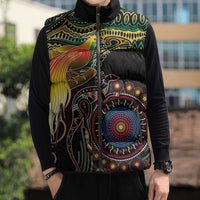 Papua New Guinea and Australia Together Sleeveless Puffer Jacket Bird of Paradise and Kangaroo Melanesian Aboriginal Motifs - Polynesian Pride