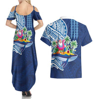 Hawaiian Mele Kalikimaka Couples Matching Summer Maxi Dress and Hawaiian Shirt Funny Santa on Whale Island with Kakau Tattoos - Polynesian Pride