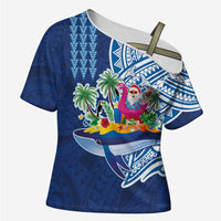 Hawaiian Mele Kalikimaka Cross Shoulder Shirt Funny Santa on Whale Island with Kakau Tattoos - Polynesian Pride