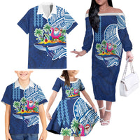 Hawaiian Mele Kalikimaka Family Matching Off The Shoulder Long Sleeve Dress and Hawaiian Shirt Funny Santa on Whale Island with Kakau Tattoos - Polynesian Pride