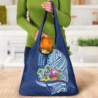 Hawaiian Mele Kalikimaka Grocery Bag Funny Santa on Whale Island with Kakau Tattoos - Polynesian Pride