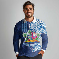 Hawaiian Mele Kalikimaka Long Sleeve Polo Shirt Funny Santa on Whale Island with Kakau Tattoos - Polynesian Pride