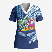 Hawaiian Mele Kalikimaka Scrub Top Funny Santa on Whale Island with Kakau Tattoos - Polynesian Pride