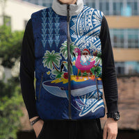 Hawaiian Mele Kalikimaka Sleeveless Puffer Jacket Funny Santa on Whale Island with Kakau Tattoos - Polynesian Pride