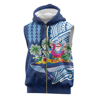 Hawaiian Mele Kalikimaka Sleeveless Zip Hoodie Funny Santa on Whale Island with Kakau Tattoos - Polynesian Pride
