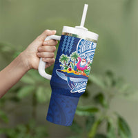 Hawaiian Mele Kalikimaka Tumbler With Handle Funny Santa on Whale Island with Kakau Tattoos - Polynesian Pride