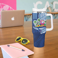 Hawaiian Mele Kalikimaka Tumbler With Handle Funny Santa on Whale Island with Kakau Tattoos - Polynesian Pride