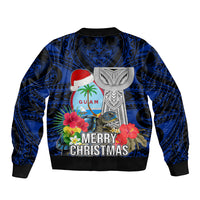 Guam Christmas Bomber Jacket Santa Gift Latte Stone and Sea Turle Mix Hibiscus Chamorro Blue Style LT03