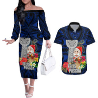 Guam Christmas Couples Matching Off The Shoulder Long Sleeve Dress and Hawaiian Shirt Santa Gift Latte Stone and Sea Turle Mix Hibiscus Chamorro Blue Style LT03