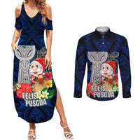 Guam Christmas Couples Matching Summer Maxi Dress and Long Sleeve Button Shirt Santa Gift Latte Stone and Sea Turle Mix Hibiscus Chamorro Blue Style LT03 Blue - Polynesian Pride