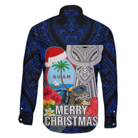 Guam Christmas Family Matching Off Shoulder Short Dress and Hawaiian Shirt Santa Gift Latte Stone and Sea Turle Mix Hibiscus Chamorro Blue Style LT03