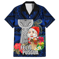 Guam Christmas Hawaiian Shirt Santa Gift Latte Stone and Sea Turle Mix Hibiscus Chamorro Blue Style LT03 Blue - Polynesian Pride