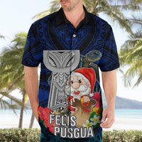 Guam Christmas Hawaiian Shirt Santa Gift Latte Stone and Sea Turle Mix Hibiscus Chamorro Blue Style LT03 - Polynesian Pride