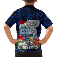 Guam Christmas Hawaiian Shirt Santa Gift Latte Stone and Sea Turle Mix Hibiscus Chamorro Blue Style LT03 - Polynesian Pride
