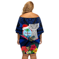 Guam Christmas Off Shoulder Short Dress Santa Gift Latte Stone and Sea Turle Mix Hibiscus Chamorro Blue Style LT03 - Polynesian Pride