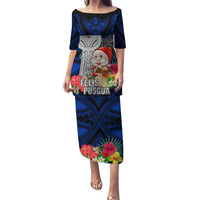 Guam Christmas Puletasi Santa Gift Latte Stone and Sea Turle Mix Hibiscus Chamorro Blue Style LT03 Long Dress Blue - Polynesian Pride