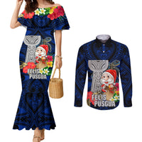 Custom Guam Christmas Couples Matching Mermaid Dress and Long Sleeve Button Shirt Santa Gift Latte Stone and Sea Turle Mix Hibiscus Chamorro Blue Style LT03 Blue - Polynesian Pride