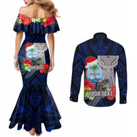 Custom Guam Christmas Couples Matching Mermaid Dress and Long Sleeve Button Shirt Santa Gift Latte Stone and Sea Turle Mix Hibiscus Chamorro Blue Style LT03 - Polynesian Pride