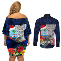 Custom Guam Christmas Couples Matching Off Shoulder Short Dress and Long Sleeve Button Shirt Santa Gift Latte Stone and Sea Turle Mix Hibiscus Chamorro Blue Style LT03 - Polynesian Pride