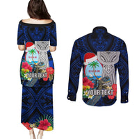 Custom Guam Christmas Couples Matching Puletasi Dress and Long Sleeve Button Shirt Santa Gift Latte Stone and Sea Turle Mix Hibiscus Chamorro Blue Style LT03 - Polynesian Pride