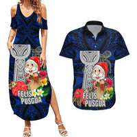 Custom Guam Christmas Couples Matching Summer Maxi Dress and Hawaiian Shirt Santa Gift Latte Stone and Sea Turle Mix Hibiscus Chamorro Blue Style LT03 Blue - Polynesian Pride