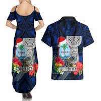 Custom Guam Christmas Couples Matching Summer Maxi Dress and Hawaiian Shirt Santa Gift Latte Stone and Sea Turle Mix Hibiscus Chamorro Blue Style LT03 - Polynesian Pride