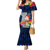 Custom Guam Christmas Mermaid Dress Santa Gift Latte Stone and Sea Turle Mix Hibiscus Chamorro Blue Style LT03 Women Blue - Polynesian Pride